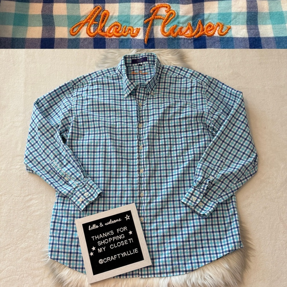 Alan Flusser Blue Plaid Cotton Long Sleeve Button Down Shirt | Men’s XL